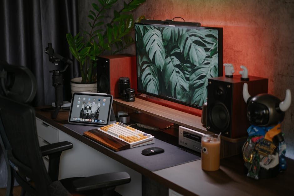 A stylish home office setup featuring a monitor, tablet, speakers
